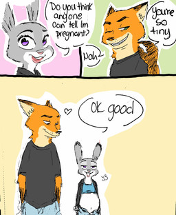 anthro black_clothing black_shirt black_t-shirt black_topwear blue_bottomwear blue_clothing blue_crop_top blue_shirt blue_topwear bottomwear clothing crop_top dialogue duo female fur green_eyes grey_body grey_fur hands_in_both_pockets heart_symbol humor male navel open_mouth orange_body orange_fur pink_nose pregnant pregnant_anthro pregnant_female purple_eyes shirt speech_bubble t-shirt talking_to_another tan_body tan_fur text topwear unbuttoned_bottomwear white_body white_fur sunnypompom06 disney zootopia judy_hopps nick_wilde canid canine fox lagomorph leporid mammal rabbit 2026 comic english_description english_text hi_res