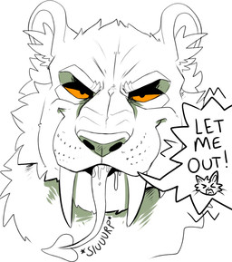 ambiguous_anthro ambiguous_gender ambiguous_prey anthro anthro_prey big_fangs duo fangs front_view in_mouth inner_ear_fluff male male_anthro male_pred oral_vore orange_eyes simple_background smile spade_tail speech_bubble tail teeth text tuft vore swampjaws swamp_jaws_(imperatorcaesar) felid mammal english_text partially_colored