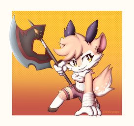 4_fingers anthro axe battle_axe bottomwear chest_wraps clothed clothing female fingers fur holding_axe holding_object holding_weapon hooves melee_weapon navel pupils solo tail tan_body tan_fur tan_tail weapon white_body white_fur white_pupils wraps wrist_wraps apinkgrape deer mammal 2020 absurd_res hi_res