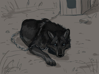 ambiguous_feral ambiguous_gender black_body black_fur black_nose black_sclera blue_eyes bowl chain container feral fur grass grey_body grey_fur lying mouth_closed on_front outside plant solo whiskers heatherwolf canid canine mammal sketch