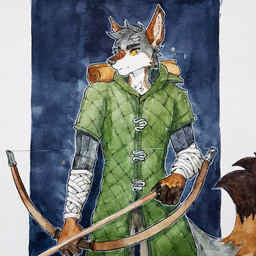anthro armor arrow_(weapon) bow_(weapon) bracers brown_body brown_fur cheek_tuft clothed clothing dipstick_tail facial_tuft front_view fur green_clothing green_topwear grey_body grey_fur grey_hair hair holding_arrow holding_bow_(weapon) holding_object holding_ranged_weapon holding_weapon looking_at_viewer male markings mouth_closed multicolored_body multicolored_fur ranged_weapon short_hair simple_background solo standing tail tail_markings topwear tuft unsigned weapon white_body white_fur yellow_sclera akatan_art canid canine canis mammal wolf 2021 portrait three-quarter_portrait traditional_media_(artwork)