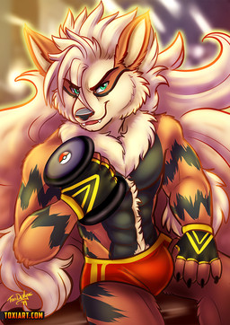 anthro anthrofied clothing exercise gym male muscular muscular_anthro muscular_male pokemorph solo underwear weights toxi_de_vyne_(artist) nintendo pokemon arcanine generation_1_pokemon pokemon_(species)
