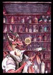 anthro bar clothing fangs forked_tongue glass horn male red_body red_scales scales solo teeth text tongue wings kogotsuchidark mythology dragon mythological_creature mythological_scalie scalie comic hi_res russian_text translated