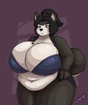 animal_ear_fluff animal_ears anthro armwear belly belly_overhang big_belly big_breasts biped black_clothing black_dress black_hair black_sclera breasts clothed clothing deep_navel dress elbow_gloves female female_anthro fur gloves grey_background hair handwear huge_breasts looking_at_viewer mouth_closed navel overweight overweight_anthro overweight_female red_eyes simple_background smile solo tail thick_thighs underwear white_body wolf_ears lonnyk kayla_(lonnyk) canid canine canis domestic_dog mammal dark_theme digital_media_(artwork) hi_res