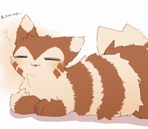 ambiguous_gender blep blush blush_lines brown_body brown_fur emanata eyes_closed feral fluffy fluffy_tail fur kemono loaf multicolored_body multicolored_fur paws simple_background solo tail tan_body tan_fur text tongue tongue_out tuft white_background ke_mo_suke nintendo pokemon furret generation_2_pokemon pokemon_(species) 2026 digital_media_(artwork) hi_res japanese_text shaded simple_shading translation_request