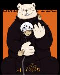 anthro black_nose clothed clothing duo eyes_closed hat headgear headwear hug hugging_another hugging_from_behind humanoid_hands male overweight overweight_male sitting text shirokumaou one_piece bepo_(one_piece) trafalgar_law bear human mammal minkmen_(one_piece) polar_bear ursine 2013