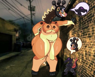 angry anthro big_breasts body_swap breasts duo exhibitionism female genitals larger_female long_neck looking_down looking_up male male/female pokemorph public public_nudity size_difference thick_thighs vulva charlieholidayz nintendo pokemon farigiraf generation_7_pokemon generation_9_pokemon pokemon_(species) salandit