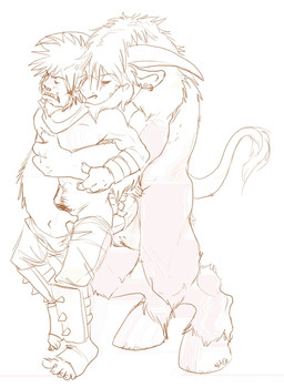 anthro balls bottomwear clothing duo ear_piercing erection from_behind_position genitals grabbing_from_behind hand_in_pants hand_on_chest hand_on_penis hooves male male/male nude pants penis piercing sex tail unknown_artist blizzard_entertainment warcraft bovid bovine humanoid mammal orc tauren