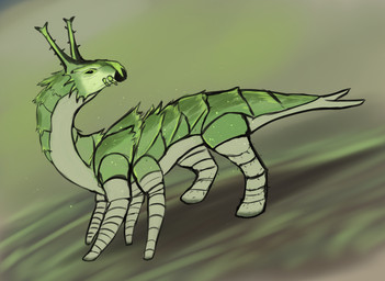 antennae_(anatomy) feral green_body looking_back solo standing denmander mythology arthropod caterpillar dragon insect larva monster mythological_creature mythological_scalie scalie digital_media_(artwork)