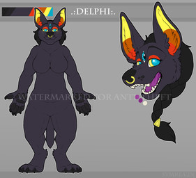 3_eyes anthro big_breasts biped black_body black_fur blue_eyes breasts digitigrade female fur multi_eye open_mouth piercing solo standing symrea canid canine canis jackal mammal distracting_watermark model_sheet watermark