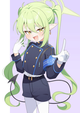 arms_bent belt blue_bottomwear blue_clothing blue_shirt blue_shorts blue_topwear blush bottomwear breasts clothing cute_fangs ear_piercing ear_ring fangs female gesture glistening glistening_hair gloves green_hair hair hair_between_eyes half-closed_eyes halo hand_gesture handwear legwear long_hair looking_at_viewer narrowed_eyes open_mouth pantyhose piercing pigtails pointy_ears prick_ears ring_piercing shirt shorts small_breasts solo spade_tail standing tail teeth topwear whistle_(object) white_clothing white_gloves white_handwear white_legwear white_pantyhose white_shirt white_topwear yellow_eyes young young_female young_humanoid mashi_stkt blue_archive nexon nozomi_(blue_archive) demon demon_humanoid humanoid tailed_humanoid absurd_res hi_res