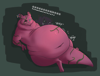 belly big_belly bloated chubby_cheeks dewlap_(anatomy) female feral flower food_pips_(rain_world) gameplay_mechanics gui huge_belly hunger_bar missing_eye obese overweight pink_body plant rumbling_stomach solo tail thick_tail vines weight_gain awholelotofrats rain_world videocult slugcat hi_res