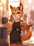 anthro apron blue_eyes blurred_background cheek_tuft clothing facial_tuft female fur glistening glistening_eyes holding_notebook holding_object holding_pen holding_plate inner_ear_fluff looking_at_viewer notebook open_mouth open_smile orange_body orange_fur pen pink_tongue smile solo standing tongue tuft waiter white_body white_fur white_inner_ear_fluff papayafurry felid mammal 2024 dated hi_res portrait three-quarter_portrait