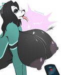 anthro areola big_breasts biped black_hair breast_expansion breasts expansion eyes_closed female hair huge_breasts nipples nude open_mouth side_view solo tongue tongue_out sagestrike2 canid canine canis domestic_dog mammal 2023 hi_res