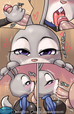 animal_ears anthro balls big_breasts blush bottomwear breasts clothed clothing duo eyelashes female female_penetrated genitals handjob licking male male/female male_penetrating oral penetration penile penis penis_lick pupils sex tongue topwear ichduhernz disney zootopia judy_hopps european_rabbit human lagomorph leporid mammal oryctolagus rabbit 2025 absurd_res hi_res