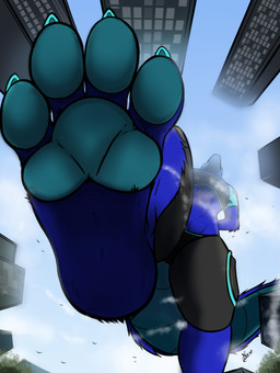4_toes anthro bodily_fluids claws feet first_person_view foot_fetish foot_focus foot_play low-angle_view machine macro male pawpads paws soles solo toe_claws toes underfoot ramsseyhyena protogen absurd_res hi_res