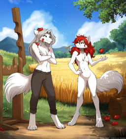 4_toes 5_fingers annoyed anthro biped bottomwear breasts casual_nudity chest_tuft claws clothed clothed/nude clothed_anthro clothed_male clothing cloud crossed_arms day duo eye_contact featureless_breasts featureless_crotch feet female finger_claws fingers food front_view fruit fur green_eyes grey_hair hair hand_on_hip hand_on_own_hip hay inner_ear_fluff looking_at_another male navel nude nude_anthro nude_female nude_male object_in_mouth outside pants pants_only partially_clothed partially_clothed_anthro partially_clothed_male plant public public_nudity red_hair restraints sky small_breasts smile smirk social_nudity stocks tail text throwing_fruit throwing_object toe_claws toes tomato topless topless_anthro topless_male tuft wheat wheat_in_mouth white_body white_fur white_tail conditional_dnp tom_fischbach twokinds euchre roselyn_(twokinds) canid canine canis keidran mammal wolf 2025 absurd_res adobe_photoshop_(artwork) digital_drawing_(artwork) digital_media_(artwork) english_text hi_res url cousins_(lore)