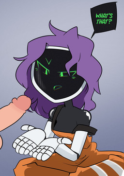 clothed clothing dialogue disembodied_penis duo erection female female_focus genitals hair human_on_humanoid humanoid_genitalia humanoid_penis interspecies machine male male/female not_furry off_shoulder overalls penis purple_hair question_mark screen screen_face solo_focus text joshin chaz_dono_and_friends maase android human humanoid mammal robot robot_humanoid 2021 digital_media_(artwork) english_text hi_res