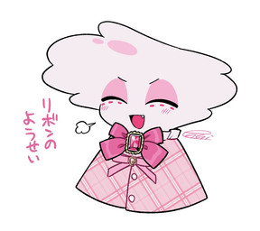 chibi cute_fangs eyes_closed fangs male open_mouth simple_background solo teeth text white_background enaic31 hazbin_hotel hellaverse angel_dust arachnid arthropod demon humanoid spider japanese_text translated