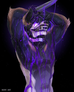 anthro black_hair black_nose cheek_tuft chest_tuft collar collar_only facial_tuft fangs fur glowing glowing_eyes grin hair hands_behind_head holding_knife holding_object knife liquid_on_body looking_at_viewer male multicolored_body multicolored_fur nude open_mouth purple_eyes purple_liquid sharp_teeth simple_background smile solo teeth text tuft ridiy pagres canid canine canis domestic_dog east_european_shepherd mammal pastoral_dog 2025 absurd_res artist_name digital_media_(artwork) hi_res