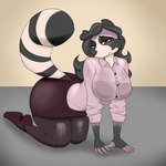 all_fours big_breasts breasts butt clothed clothing female hair kneeling looking_at_viewer simple_background solo translucent translucent_clothing blackbetty franciene_(tango's_family) mammal procyonid raccoon 1:1