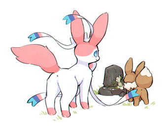 ambiguous_gender anus blue_eyes blush blush_lines bow_(anatomy) brown_body brown_fur dipstick_tail duo feral flower flower_in_mouth fur grass grave markings pawpads pink_body pink_fur plant raised_tail ribbons_(anatomy) simple_background size_difference smile tail tail_markings tombstone white_body white_fur wolfwithwing nintendo pokemon eevee eeveelution generation_1_pokemon generation_6_pokemon pokemon_(species) sylveon 2026 4:3 hi_res signature