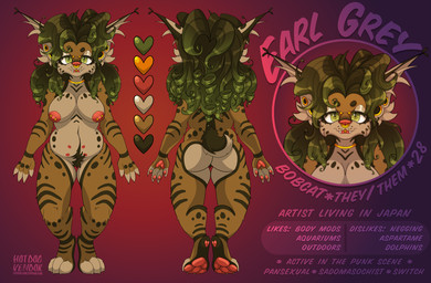 anthro big_breasts big_ears breasts butt dyed_fur facial_piercing female genitals hair hairy_vulva markings nipple_piercing nipples nose_piercing nose_ring nude overweight overweight_female pawpads piercing pubes ring_piercing solo striped_markings stripes tail text vulva hotdogvendor earl_grey_(hotdogvendor) bobcat felid feline lynx mammal english_text hi_res model_sheet