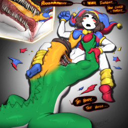 anthro assisted_exposure athletic athletic_anthro athletic_male between_legs bodily_fluids bottomwear breast_fondling breast_grab breast_play breasts brown_hair candy clenched_teeth close-up clothed clothing cowboy_hat creepy creepy_face cunnilingus dangerous dessert dialogue dominant dominant_anthro dominant_male drooling duo fangs female female_human female_on_anthro fondling food fool's_hat footwear genitals glistening_thighs gloves grin gummy_(food) hair half-closed_eyes hand_on_breast handwear hat hat_only headgear headgear_only headwear headwear_only heart_symbol high-angle_view human_on_anthro interspecies jester jester_outfit licking looking_pleasured lying male male/female male_anthro moan mostly_nude multicolored_body narrowed_eyes navel on_back on_ground open_mouth oral partially_clothed questionable_consent saliva saliva_string scales scary sex shaking sharp_teeth shoes short_hair size_difference smile speech_bubble spread_legs spreading submissive submissive_female submissive_humanoid sweat sweaty_legs sweaty_thighs tail teeth text tongue tongue_out torn_bottomwear torn_clothing trembling vaginal vulva white_body white_skin yellow_eyes sabbasarts glitch_productions the_amazing_digital_circus evil_gummigoo_(tadc) gummigoo_(tadc) pomni_(tadc) alligator alligatorid crocodile crocodilian food_creature gummy_creature human humanoid living_candy mammal reptile scalie 1:1 2026 english_text hi_res