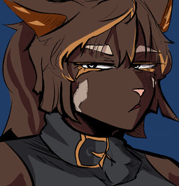 anthro blonde_eyelashes blonde_highlights brown_body brown_fur collar eyelashes female fur fur_markings highlights_(coloring) makeup markings narrowed_eyes open_mouth simple_background solo fuseadrift hybrid icon