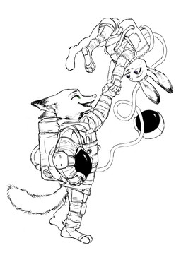 anthro duo female floating green_eyes hand_holding looking_at_another male purple_eyes simple_background smile spacesuit tail white_background jjojjo110110 disney zootopia judy_hopps nick_wilde canid canine fox lagomorph leporid mammal rabbit 2025 absurd_res digital_media_(artwork) hi_res