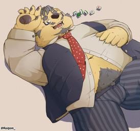 anthro belly big_belly biped bottomwear clothing eyewear glasses kemono lying male navel necktie on_back open_mouth overweight overweight_male pants pubes shirt solo topwear raipon bear mammal 2025 hi_res