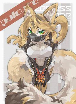 anthro belt blonde_hair breasts clothing crop_top eyebrows eyelashes female fur gloves green_eyes hair hands_on_knees hands_on_legs handwear inner_ear_fluff jacket kemono leaning leaning_forward long_tail mask ponytail shirt solo tail topwear tuft white_body white_fur yellow_body yellow_fur yorozumaru mihoyo zenless_zone_zero pulchra_fellini felid feline felis mammal thiren 2025 hi_res