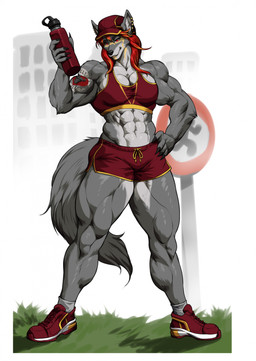 abs anthro black_nose bodily_fluids bottle bottomwear bra clothed clothed_anthro clothed_female clothing container female footwear fur grey_body grey_fur hair hat headgear headwear muscular muscular_anthro muscular_female navel red_hair shoes shorts sneakers solo sports_bra standing sweat underwear water_bottle nina_kittie valkairis_sarikblod canid canine canis mammal wolf hi_res