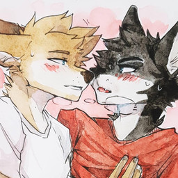anthro blue_eyes blush bodily_fluids cheek_tuft clothed clothing duo eye_contact facial_tuft fur hand_on_chest head_tuft imminent_kiss looking_at_another male male/male narrowed_eyes neck_tuft open_mouth red_clothing red_topwear shirt simple_background sweat t-shirt tan_body tan_fur topwear tuft unsigned white_clothing white_shirt white_t-shirt white_topwear akatan_art canid mammal 1:1 traditional_media_(artwork)