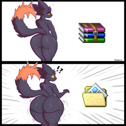 4_fingers andromorph before_and_after big_butt big_ears biped black_body black_fur black_nose butt butt_focus curvy_figure female fingers fluffy fluffy_tail fur genitals glowing glowing_eyes glowing_genitalia growth_lines intersex long_tail looking_at_viewer nude orange_sclera raised_tail snout solo solo_focus standing surprised tail thick_thighs two_panel_image vulva wide_hips drawktus casualties:_unknown winrar canid expie_(gunsawian) gunsawian hybrid mammal 1:1 absurd_res hi_res