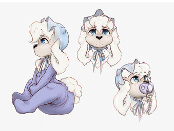 anthro blue_eyes bonnet chest_tuft clothing diaper embarrassed fluffy fluffy_tail fur headgear headwear looking_at_viewer looking_up male object_in_mouth onesie pacifier pacifier_clip pacifier_in_mouth purple_pacifier sitting solo tail tuft white_body white_fur young o'coon bovid caprine mammal sheep headshot_portrait line_art model_sheet portrait shaded