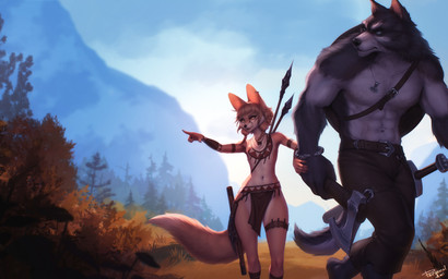 abs anthro axe black_nose bottomwear breasts clothing dipstick_tail duo ear_piercing ear_ring exposure_variation female flat_chested fluffy fluffy_tail front_view frown fur grey_body grey_fur grey_tail hair hand_holding holding_axe holding_object larger_male loincloth male male/female markings melee_weapon mjolnir_necklace muscular muscular_anthro muscular_male navel outside piercing plant polearm ring_piercing size_difference sky small_breasts smaller_female snout spear sword tail tail_markings tan_body tan_fur tan_hair tan_tail thigh_strap tree two_tone_tail walking weapon white_tail personalami einarr_(personalami) khiara_(personalami) canid canine canis fennec_fox fox mammal true_fox wolf 16:10 2020 digital_media_(artwork) hi_res shaded widescreen