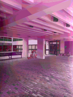 anthro bench brick_floor brick_wall building ceiling door female filtered_background fur pink_background pink_body pink_fur simple_background sitting solo tail wall_(structure) white_body white_fur psykwol phoebe_(psykwol) mammal mustelid otter 3:4 absurd_res hi_res photo_manipulation photography_(artwork) trans_(lore) trans_woman_(lore)