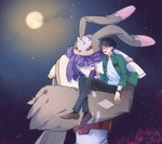 anthro black_hair duo eyewear full_moon glasses hair male moon night sky star starry_sky lanllan bandai_namco digimon digimon_survive shuuji_kayama antylamon digimon_(species) human lagomorph leporid mammal rabbit hi_res