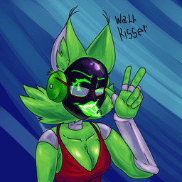 anthro breasts cleavage clothed clothing dress eyewear female fur gesture glasses green_body green_fur hand_gesture machine one_eye_closed piercing red_clothing red_dress red_eyewear red_glasses solo tongue tongue_out tongue_piercing v_sign wink wallkisser cofi_(wallkisser) protogen 1:1 hi_res