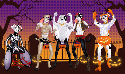 aged_up amputee anthro anthrofied balls boots bottomless bottomless_anthro bottomless_male candy cemetery chain_necklace clothed clothing container costume dessert disability double_amputee erection eye_patch eyewear feet fingers flaccid food footwear foreskin fruit fur genitals ghost_costume group halloween_costume headgear headwear holidays hook hook_hand humanoid_genitalia humanoid_penis jack-o'-lantern jewelry looking_at_viewer male missing_all_legs mummy_wrappings necklace nude outside partially_retracted_foreskin pawpads penis pirate_costume plant pumpkin shoes sitting smile standing tail toes tombstone tree vehicle wheelchair dal101strefan 101_dalmatian_street 101_dalmatians disney halloween delgado_(101_dalmatians) diesel_(101_dalmatians) dimitri_1_(101_dalmatians) dimitri_2_(101_dalmatians) dimitri_3_(101_dalmatians) dimitri_trio_(101_dalmatians) canid canine canis dalmatian domestic_dog mammal 5:3 digital_media_(artwork) hi_res brother_(lore) brothers_(lore) sibling_(lore) triplets_(lore)