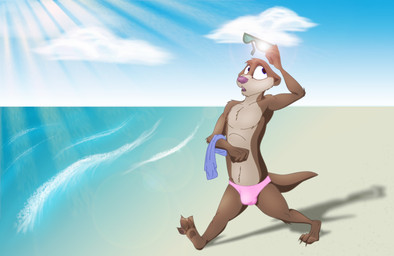 anthro beach bulge clothing countershading male outside pawpads paws sea seaside shirtless solo speedo sun swimwear water dizzyvixen chestnut_(dizzyvixen) mammal mustelid otter hi_res