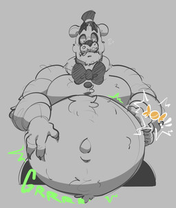 anthro arm_hair belly big_belly bloated body_hair bow_tie clothing hand_on_belly hat headgear headwear male musclegut muscular muscular_male navel outie_navel overweight overweight_male rumbling_stomach solo top_hat weight_gain itzamug five_nights_at_freddy's scottgames freddy_(fnaf) bear mammal hi_res