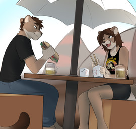 alcohol anthro australia beer beverage black_clothing black_shirt black_topwear bottomwear clothed clothed_anthro clothed_female clothed_male clothing collared_shirt date dress_shirt duo eating eating_food female food male male/female miniskirt sandwich_(food) shirt skirt sydney_(city) sydney_opera_house topwear jailbird it's_always_sunny_in_philadelphia danny_devito frank_reynolds harold_(vuorileijona) hilda_(vuorileijona) cougar felid feline mammal hi_res sibling_(lore) twins_(lore)