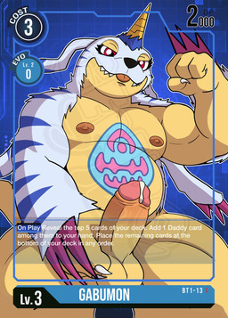 anthro balls belly belly_markings biceps blep bodily_fluids card card_template erection flexing genital_fluids genitals horn humanoid_genitalia humanoid_penis male markings nipples pecs penis playing_card precum slightly_chubby smile solo text tongue tongue_out gendomx bandai_namco digimon digimon_(species) gabumon english_text hi_res
