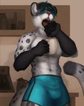 anthro black_body black_fur black_pawpads boxer_briefs boxer_briefs_only bulge cabinet clothed clothing coffee_machine coffee_mug container cup dipstick_tail eyes_closed fur grey_body grey_fur hair leopard_spots male markings messy_hair mug muscular muscular_male open_mouth partially_clothed partially_clothed_anthro partially_clothed_male pawpads pink_nose solo spots tail tail_markings teal_hair topless underwear underwear_only white_body white_fur yawn okamibley ice_in_summer_(sftsl) felid feline mammal panthera pantherine snow_leopard colored