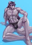 2019 abs anthro arm_support biceps black_clothing black_nose blue_background blue_eyes bulge canid canine cheek_tuft chin_tuft clothing facial_tuft fox fur hair hi_res kkerotix looking_at_viewer male mammal muscular muscular_anthro muscular_male nipples pecs purple_hair simple_background solo tuft