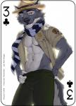 2018 abs anthro badge bottomwear canid canine canis card card_template clothed clothing clubs_(suit) copyright_symbol english_text fonyaa fur grey_body grey_fur hat headgear headwear jacket looking_at_viewer male mammal muscular muscular_anthro muscular_male navel november orange_eyes pants pecs playing_card playing_card_template scarf simple_background smile solo standing suit_symbol symbol text three_of_clubs topwear wolf