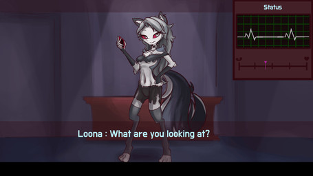 anthro arm_warmers armwear biped black_bottomwear black_clothing black_shorts bottomwear breasts cardiac_monitor clothed clothed_anthro clothed_female clothing crop_top cursor dialogue digitigrade feet female fingers fluffy fluffy_tail front_view fur grey_body grey_clothing grey_crop_top grey_fur grey_hair grey_shirt grey_topwear hair holding_object humanoid_hands inside leg_warmers legwear long_hair long_tail medical_instrument pose red_sclera scientific_instrument shirt shorts skimpy solo tail talking_to_viewer text text_box text_box_prompt toes topwear torn_clothing torn_topwear under_boob white_eyes alexsavenije hellaverse helluva_boss mythology loona_(helluva_boss) canid canid_demon canine demon hellhound mammal mythological_canine mythological_creature animated english_text hi_res loop