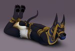 anthro ball_gag bdsm big_ball_gag black_body black_fur blush bodily_fluids bondage bound breast_squish breasts clothing diaper ear_piercing ear_ring egyptian egyptian_clothing egyptian_headdress embarrassed feces feet female fur gag genital_fluids gold_ear_ring gradient_background grey_eyes hogtied lying on_front pawpads paws piercing raised_tail restrained restraints ring_piercing rope rope_bondage simple_background soiled_diaper soiling soles solo squish tail toes unclean_diaper urine used_diaper wet_diaper wetting fetish-art_(artist) anubian_jackal canid canine canis jackal mammal